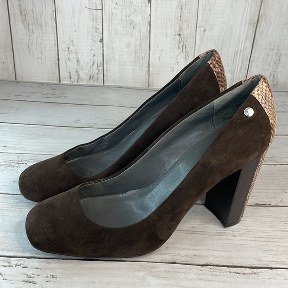 Calvin Klein Suede and Snakeskin Monicah Chunky Heel Pump - Picture 1 of 12